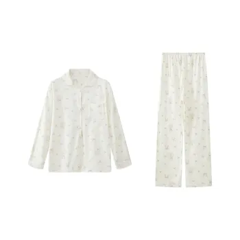 Sleep Students Dormitory Home Outerwear Ready Pajama Set Women's Ecru