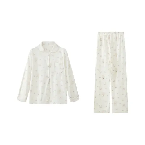 Sleep Students Dormitory Home Outerwear Ready Pajama Set Women's Ecru