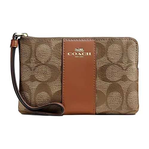 COACH Corner Zip Coated Canvas With Recycled Leather Clutch Mini Women's Khaki & Saddle Brown