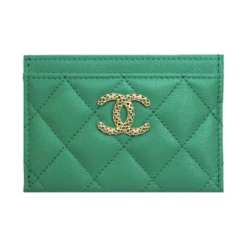 CHANEL Embossed Shiny Calfskin Card Holder Trumpets Women's Green