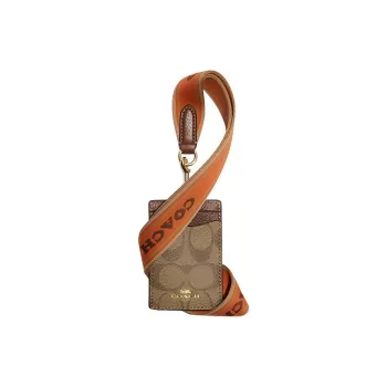 COACH Lanyard Pebbled Leather With Coated Canvas Lanyard Card Sleeve Card Holder Small Size Women's Brown
