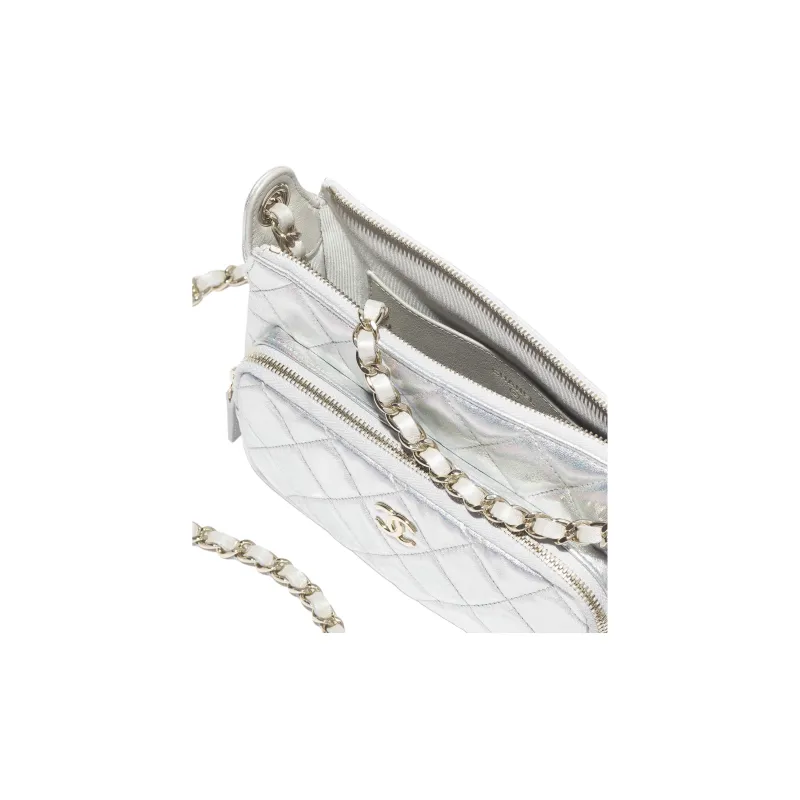 CHANEL Lambskin Clutch Women's Silver-2
