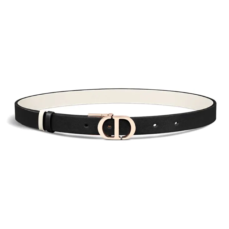 DIOR Calfskin, Brass Leather Belts Women's Black/White Width 2CM-0
