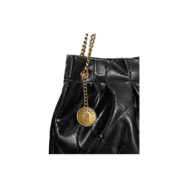 ANDFEEL Cow Leather Chain Tote Trash Bag, Shoulder Bag Tubas Women's Black-5