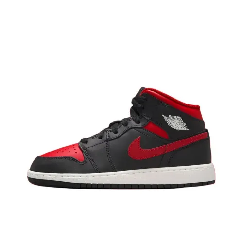 Jordan Air Jordan 1 Anti Slip Wear Resistant Mid Top Children's Basketball Shoes Black Red Teenagers