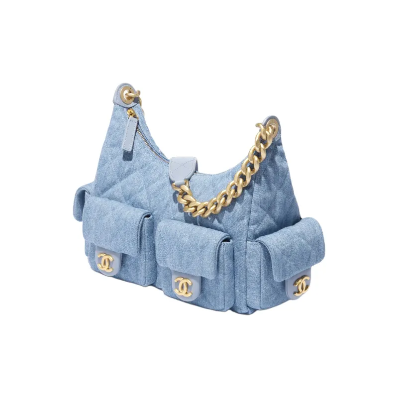 CHANEL Denim Hobo Bag, Handbag, Shoulder Bag Tubas Women's Light Blue-1