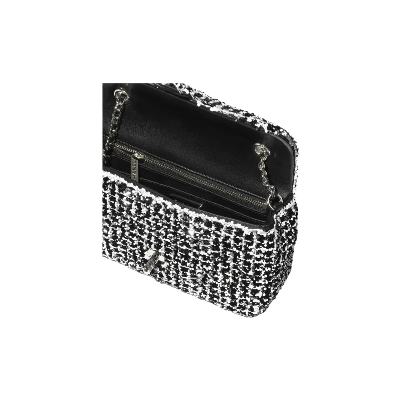 CHANEL Sequins Handbag, Shoulder Bag Trumpets Women's Black & White & Silver-4