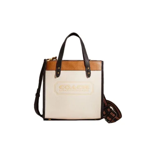 COACH Field Glossy Pebbled Leather Tote Bag Shopping Bag Small Size Women's White & Brown