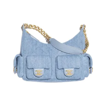 CHANEL Denim Hobo Bag Handbag Shoulder Bag Large Size Women's Light Blue