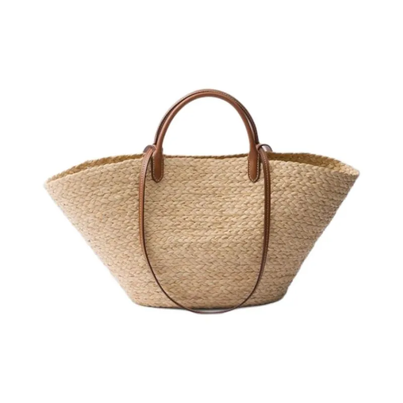 PRADA Raffia One Shoulder Handbag Large Size Women's Beige & Cognac Brandy-2