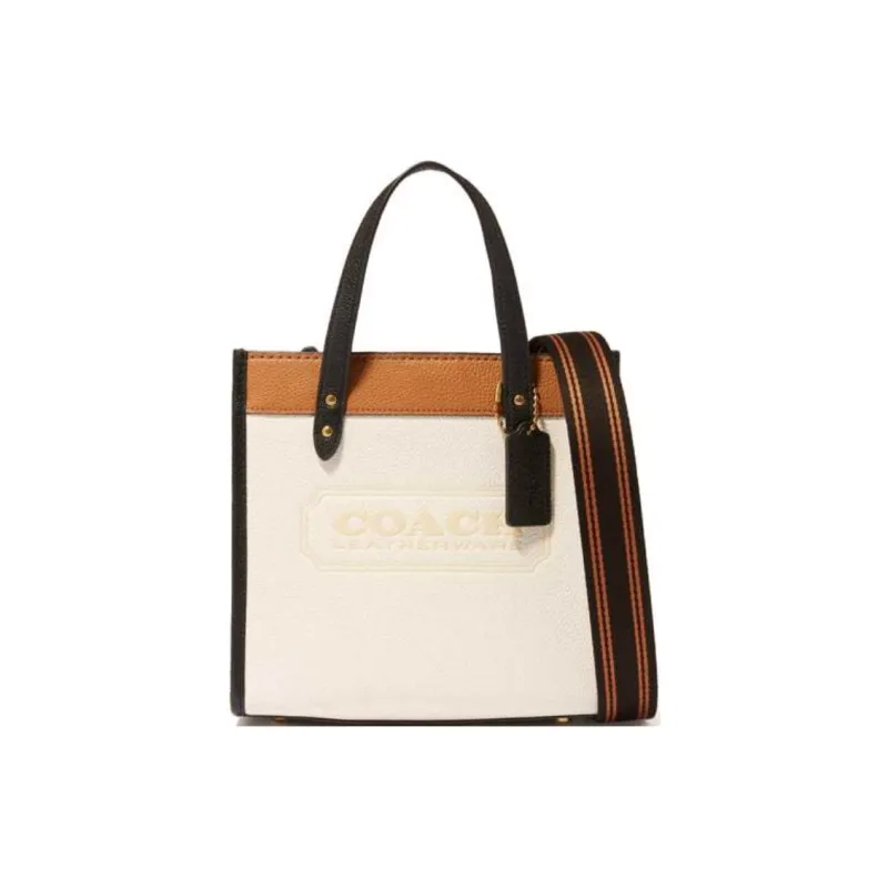 COACH Field Glossy Pebbled Leather Tote Bag Shopping Bag Small Size Women's White & Brown-1