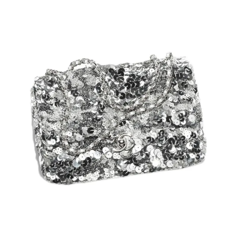 CHANEL Sequins Crossbody Bag, Shoulder Bag Women's Silver-2