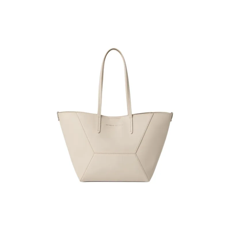 Brunello Cucinelli Calfskin Tote Bag, Shopping Bag, Handbag, Shoulder Bag Trumpets Women's Ivory-0