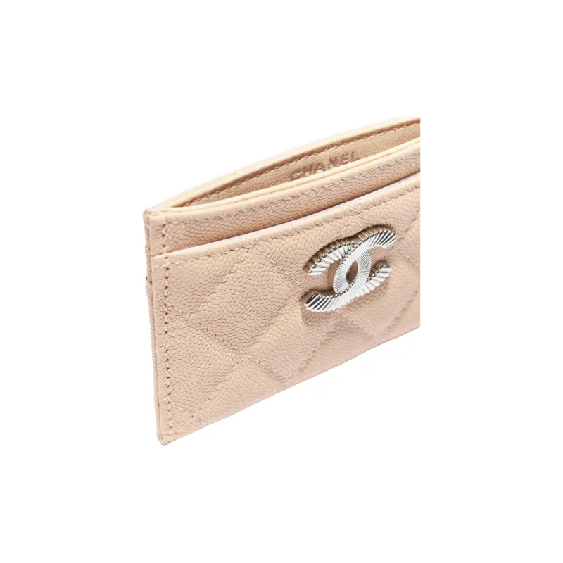 CHANEL Shiny Grain Embossed Caviar Calfskin Card Holder Women's Beige-2