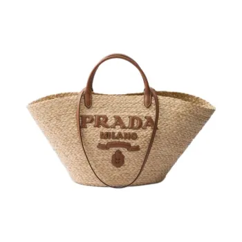 PRADA Raffia One Shoulder Handbag Large Size Women's Beige & Cognac Brandy