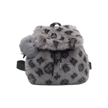 Morellybear Plush Backpack Regular Women's Dark Gray/Ecru Khaki/Pink