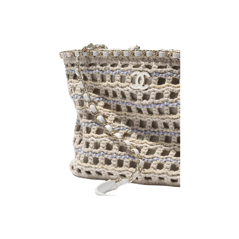 CHANEL Cotton Tote Bag, Shopping Bag, Handbag, Shoulder Bag Trumpets Women's Beige & White & Blue & Yellow-3