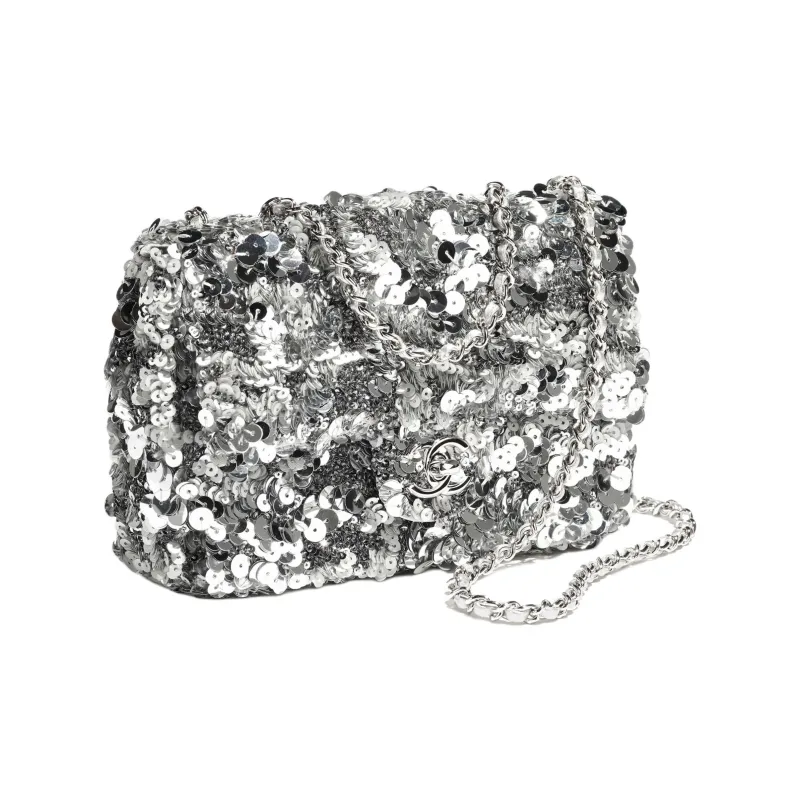 CHANEL Sequins Crossbody Bag, Shoulder Bag Women's Silver-1