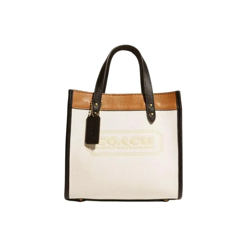 COACH Field Glossy Pebbled Leather Tote Bag Shopping Bag Small Size Women's White & Brown-2