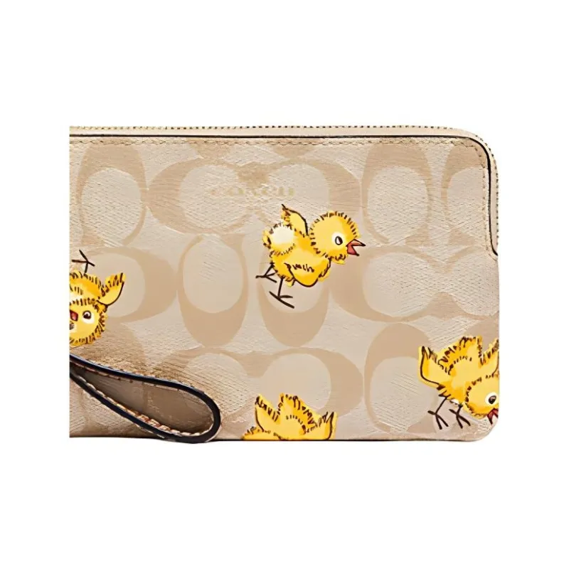 COACH Corner Zip Artificial Leather Card Holder Wallet Clutches Wrist Bags Small Size Women's Light Khaki-2