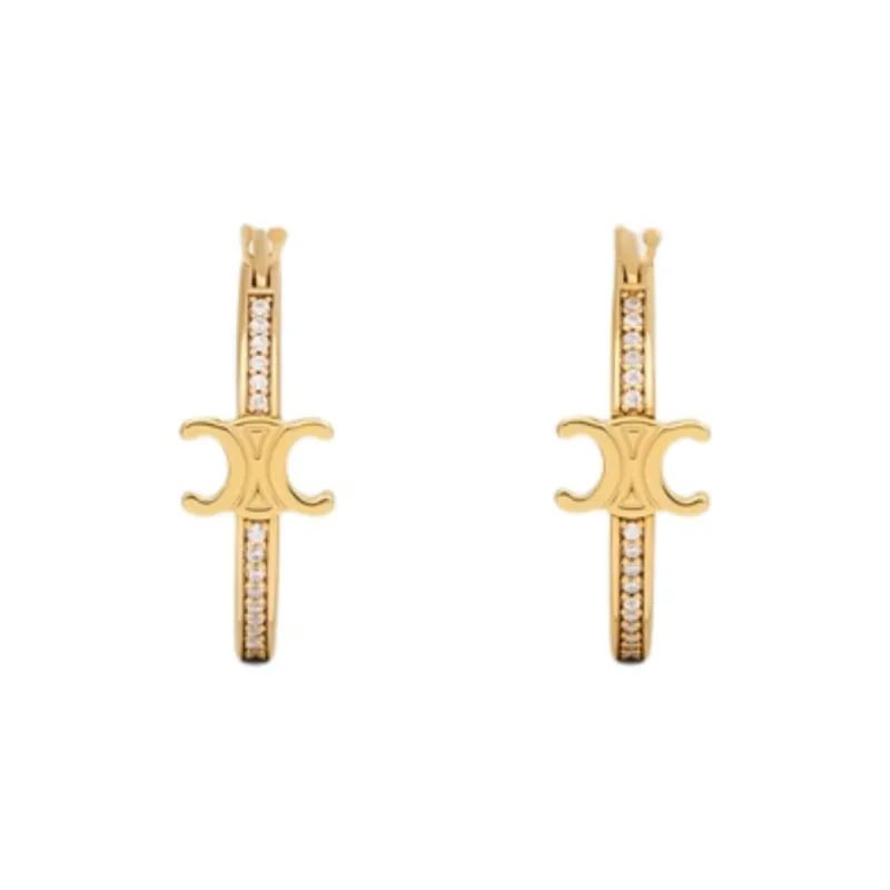 CELINE Triomphe Sparkle Hoops In Strass And Brass With Gold Finish-2