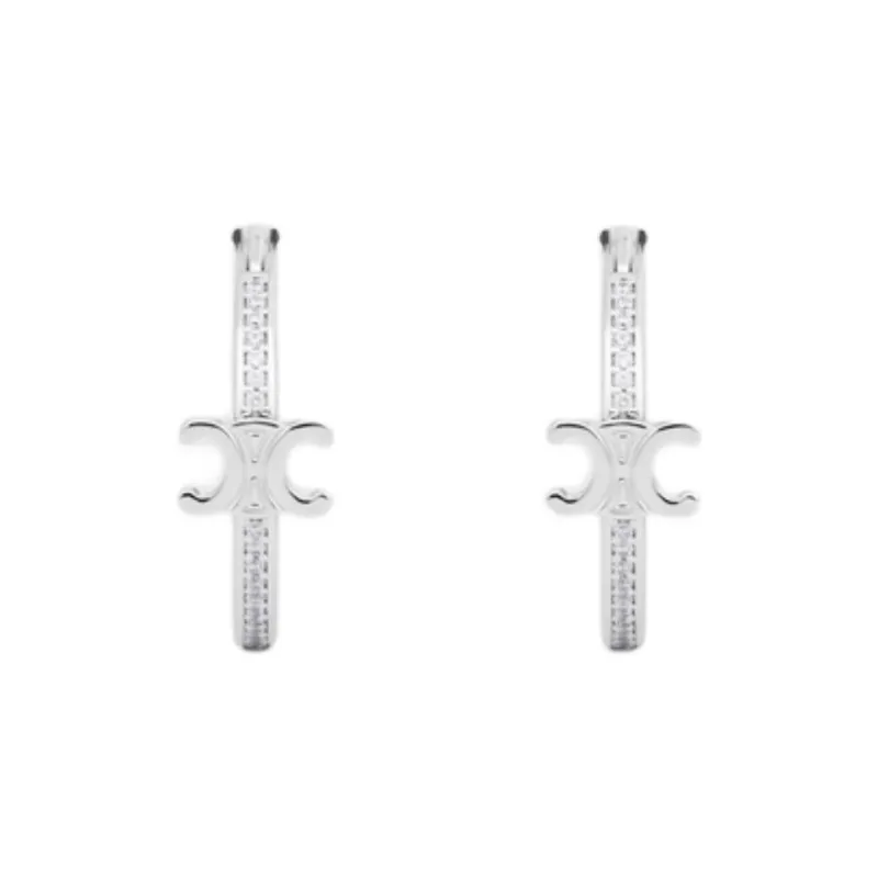 CELINE Triomphe Sparkle Hoops In Strass And Brass With Rhodium Finish-1