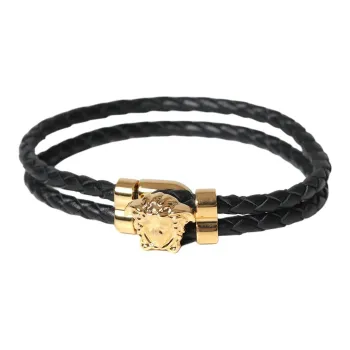 VERSACE Metal Leather Bracelets Unisex Black