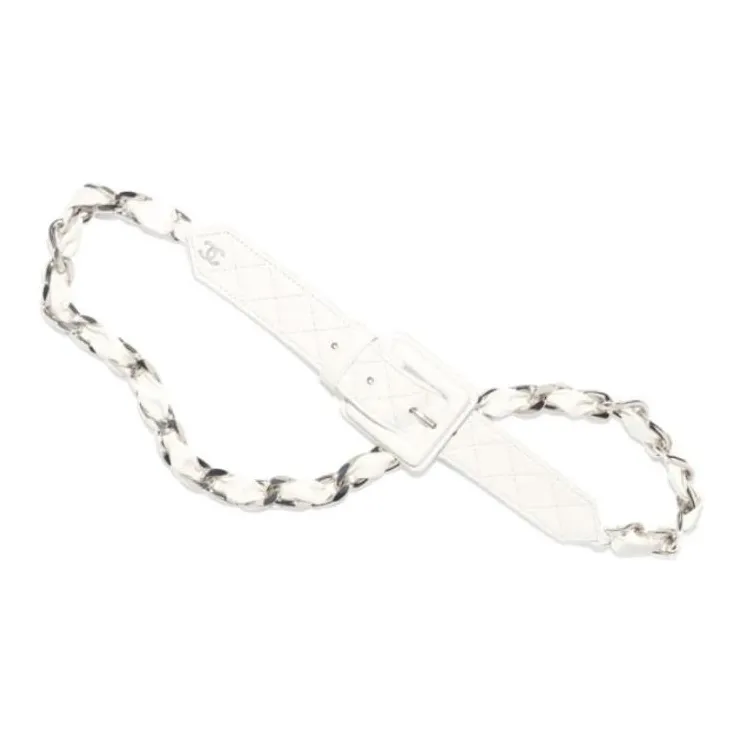 CHANEL Calfskin Metal Leather Belts Women's White --0