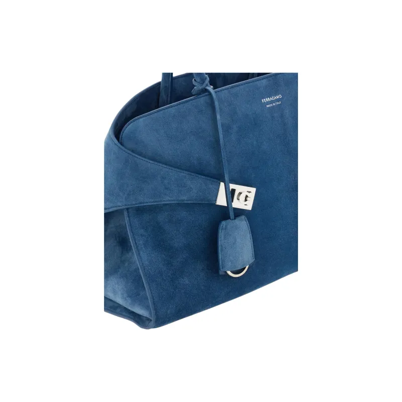 FERRAGAMO Suede Shoulder Bag Crossbody Bag Handbag Medium Size Women's Water Duck Blue-4