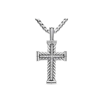 David Yurman Sterling Silver Chevron Cross Diamond Pendant 41.7mm