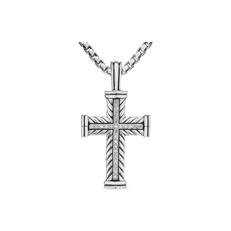David Yurman Sterling Silver Chevron Cross Diamond Pendant 41.7mm-0