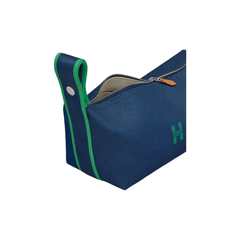 HERMES Bride a Brac Cotton Travel Fabric Handbag Storage Bags Toiletry Bags Small Size Women's Marine Blue-3