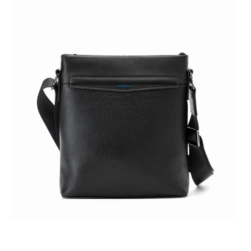 HONGU Cow Leather Crossbody Bags Shoulder Bags Medium Size Men's Pitch Black-0