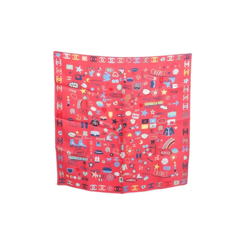 CHANEL Silk Silk Scarves Women's Red/Multicolor-0