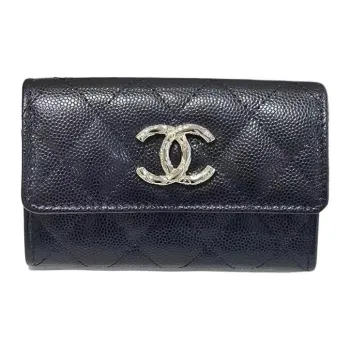 CHANEL Litchi Cow Leather Card Holder Unisex Black
