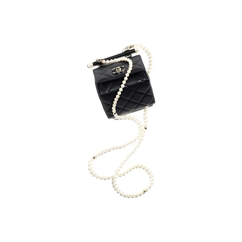 CHANEL Sheepskin Coin Makeup Bag, Shoulder Bag, Crossbody Bag Women's Black-4