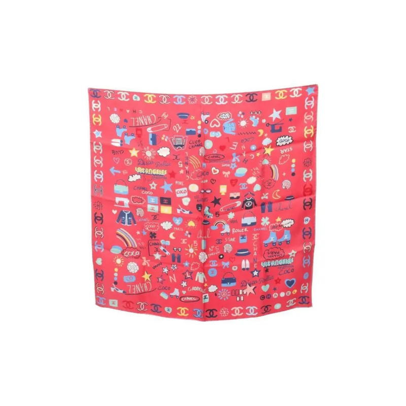 CHANEL Silk Silk Scarves Women's Red/Multicolor-1
