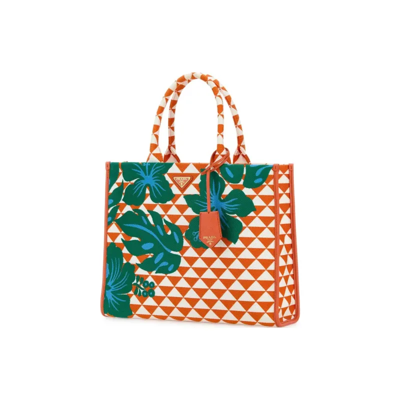 PRADA Symbole Embroidered Fabric Tote Bag Shopping Bag Handbag Large Size Women's Orange-1