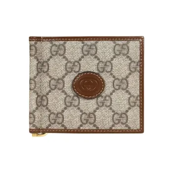 GUCCI Canvas With Leather Card Clip Wallet Men's Brown & Ebony