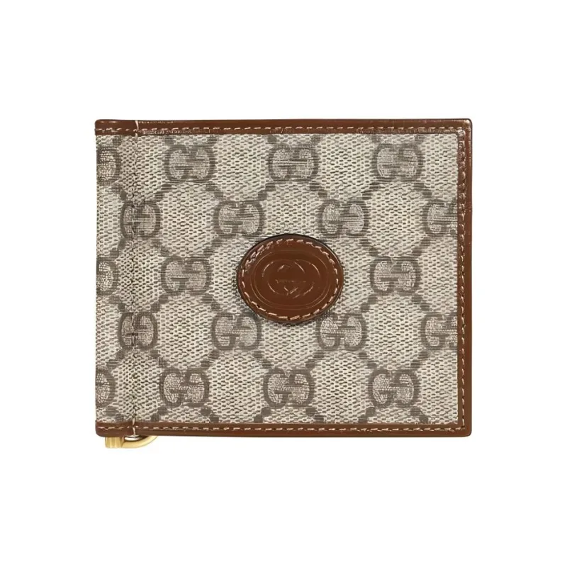 GUCCI Canvas With Leather Card Clip Wallet Men's Brown & Ebony-0