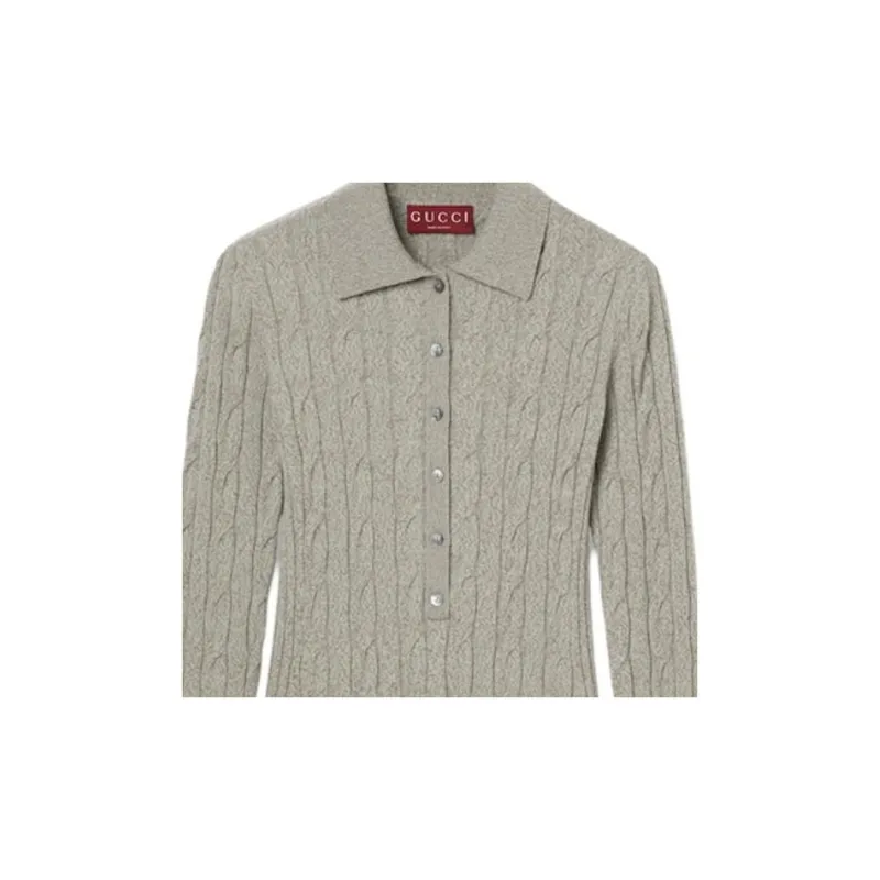 GUCCI Fine Cable And Rib Wool Polo Top 'Dove Grey'-5