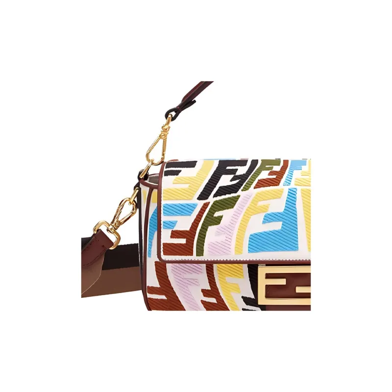 FENDI Baguette Canvas With Leather Shoulder Bag Crossbody Bag Handbag Medium Size Women's Brown/Multicolor-4