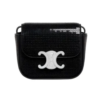 CELINE Triomphe Calfskin Trim Shoulder Bag, Crossbody Bag Mini Women's Black Silver