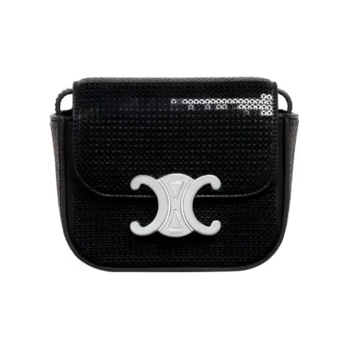 CELINE Triomphe Calfskin Trim Shoulder Bag, Crossbody Bag square Women's Black Silver