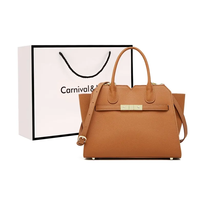 Carnival Keep Cow Leather Handbag Regular Women's Khaki/Black/Gold Brown-10