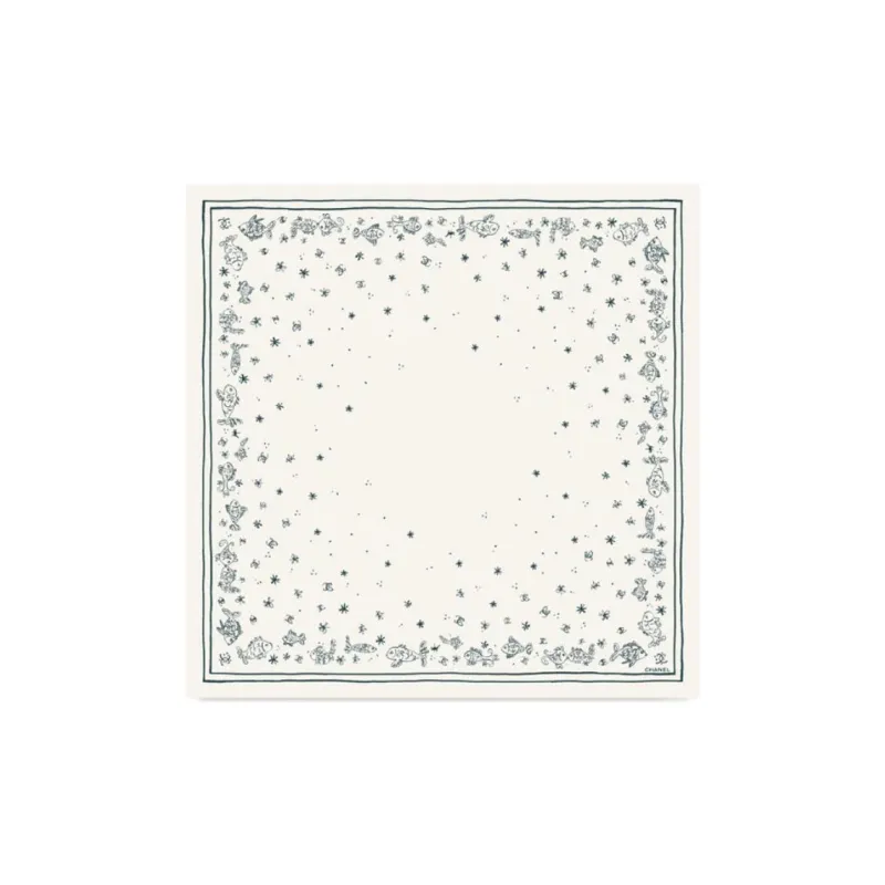 CHANEL Silk Twill Silk Scarves Women's Ivory/Dark Green-0