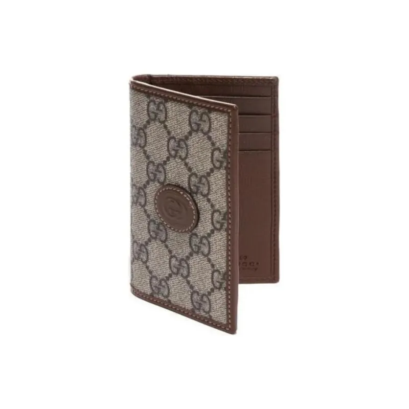 GUCCI Interlocking Collection Canvas With Leather Trim Card Holder Men's Beige/Brown-0