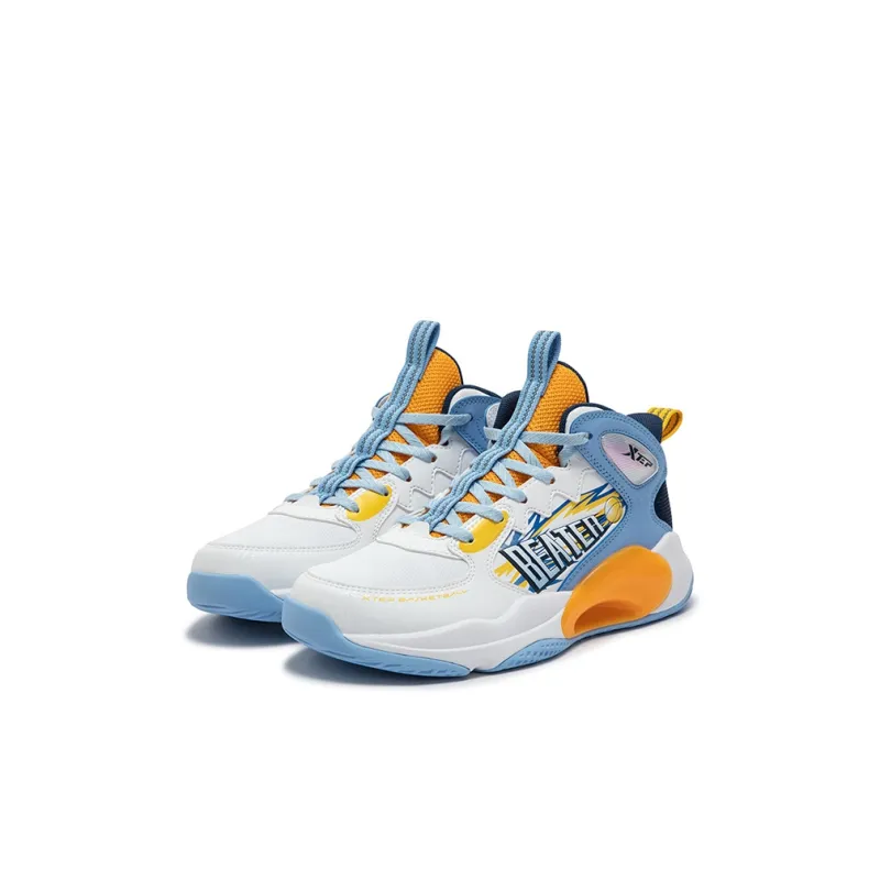 XTEP Anti Slip Wear Resistant High Top Children's Basketball Shoes White Blue Kids'-1