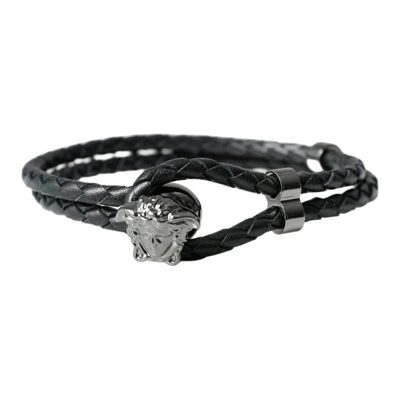 VERSACE Metal Leather Bracelets Unisex Black-1