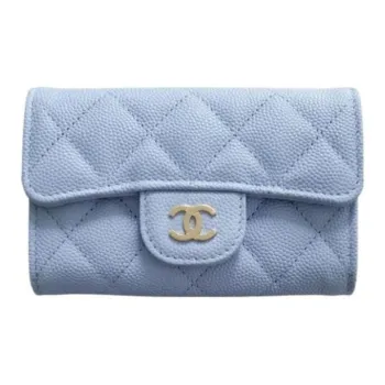CHANEL Grain Caviar Calfskin Card Holder Regular Women's Light Blue
